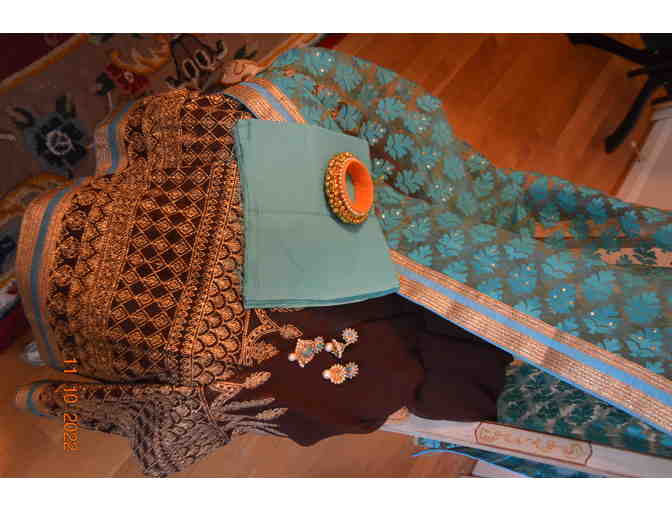 Coffee brown with turquoise blue georgette saree
