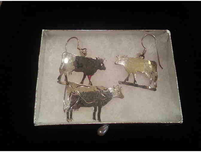 Vintage Sterling Hammered  Silver Cow Pin and Earrings by Wild Bryde