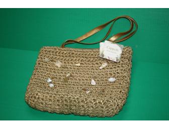 Gold Straw tote bag with shell accents