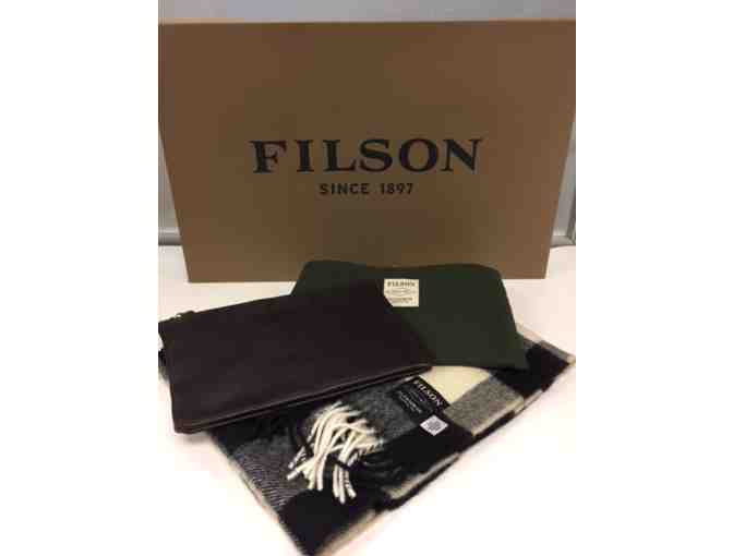 Filson Hoback Buffalo Plaid Scarf & Medium Brown Leather Pouch