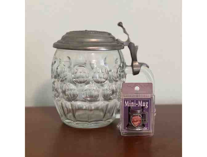 Vintage German etched Lidded glass Beer Stein with Mini Fort Bragg Stein