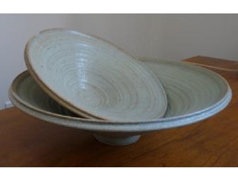Nested Pair of Hand-thrown, Light Green, Ceramic Bowls