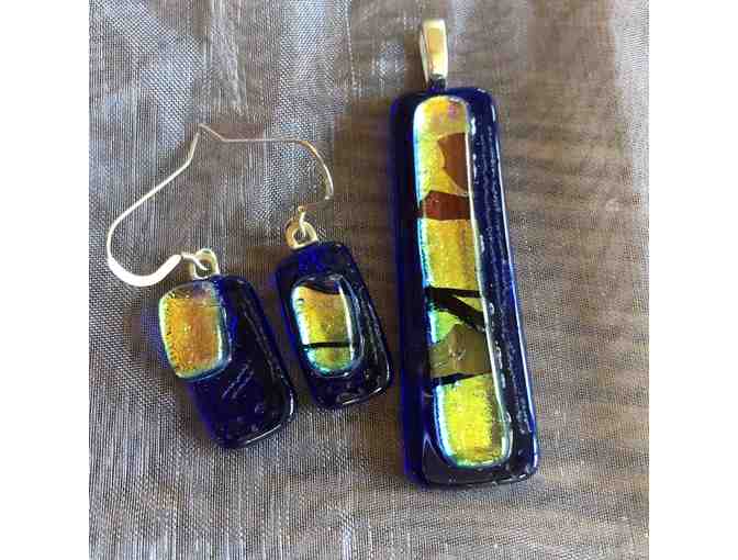 Blue Fused glass wearable art earrings and pendant