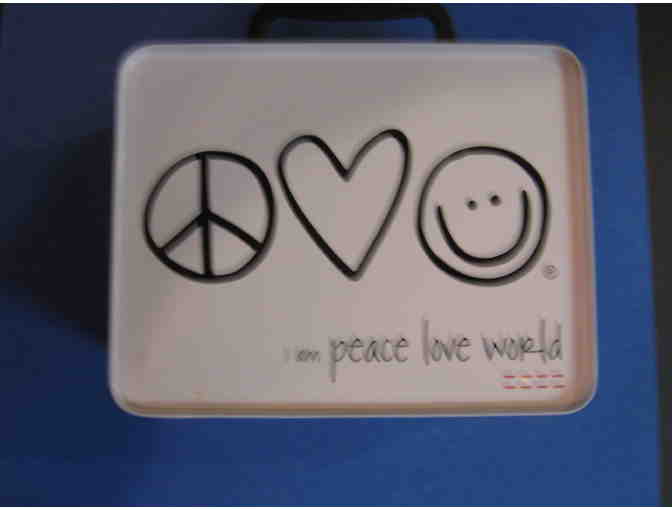 I am Peace Love World tin lunch box