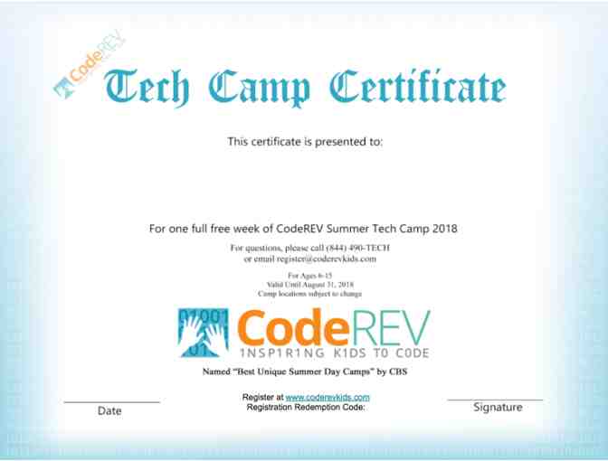Summer Tech Camp Certificate - 1 Full Week of Camp