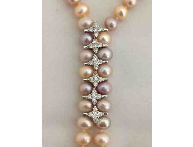 Pink and Gray Pearl Lariat Necklace with Cubic Zirconia Front Closure