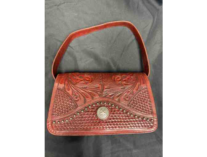 Tooled Leather Purse with Earrings and Cowboy Pin