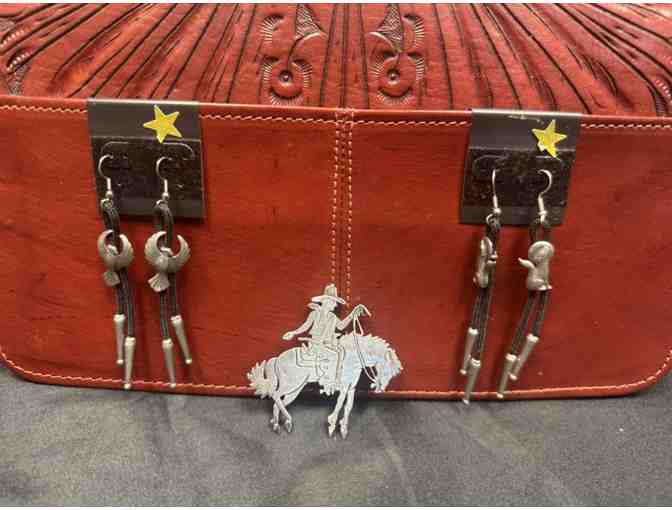 Tooled Leather Purse with Earrings and Cowboy Pin