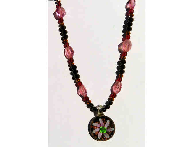 Hand Blown Circle Pendant with Black, Purple, and Pink Crystals-Lot 53c