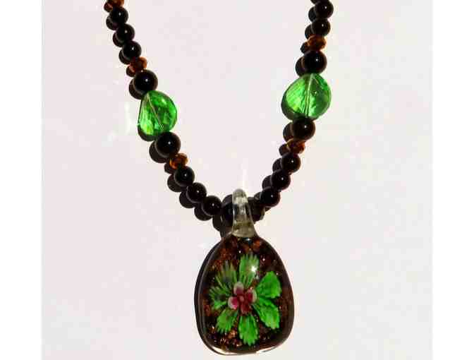Hand Blown Glass Pendant with Black Onyx and Light Green Crystals-Lot 53b