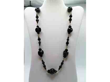 Long Necklace with Black and Gold Glass Beads-Lot 125
