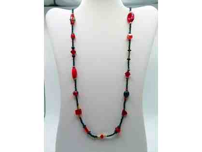 Long Necklace with Black and Red Glass Beads-Lot 112