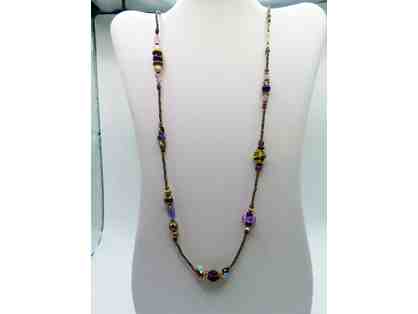 Long Necklace with Bronze and Gold Accents, Amethysts, and Yellow Glass-Lot 126