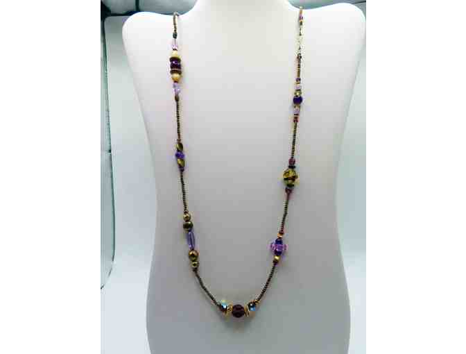 Long Necklace with Bronze and Gold Accents, Amethysts, and Yellow Glass-Lot 126 - Photo 1