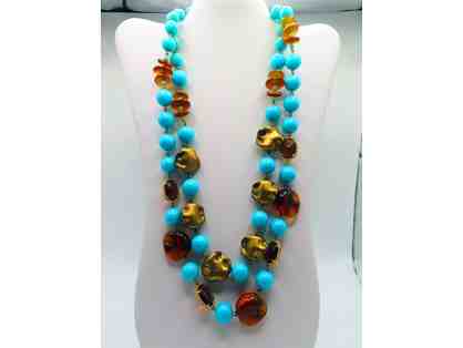 Long Necklace with Turquoise and Amber Stones and Gold Accents-Lot 120