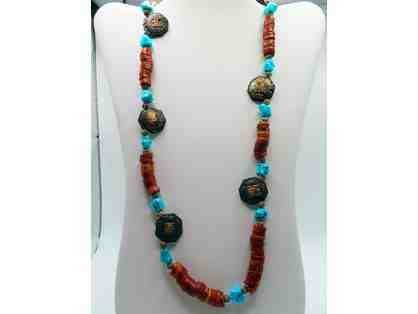 Long Necklace with Turquoise and Red Stones and Bronze Coins-Lot 121