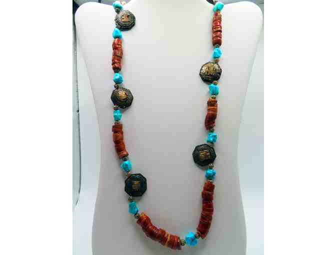 Long Necklace with Turquoise and Red Stones and Bronze Coins-Lot 121 - Photo 1
