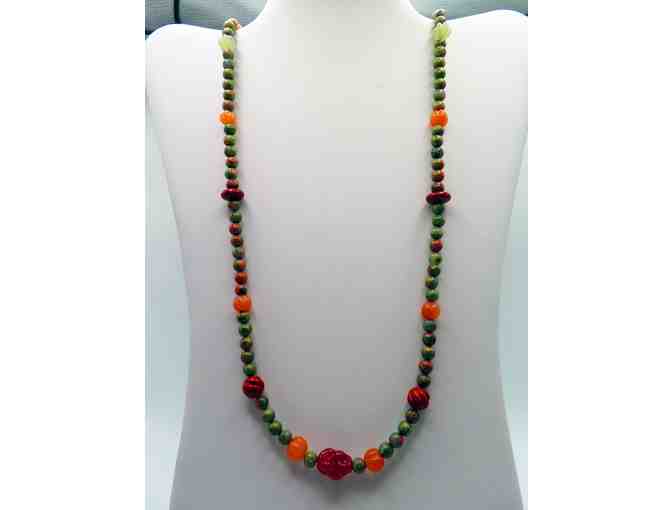 Long Necklace with Unakite Green and Pink Stones and Jasper Beads-Lot 117 - Photo 1