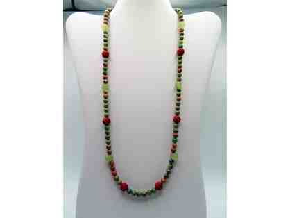 Long Necklace with Unakite Green and Pink Stones and Jasper Beads-Lot 119