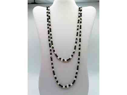 Long Necklace with White Pearls and Black and White Crystals-Lot 122