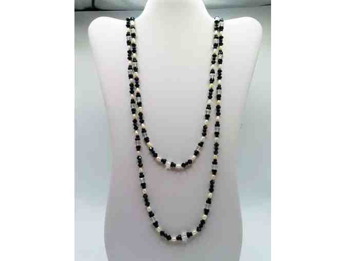 Long Necklace with White Pearls and Black and White Crystals-Lot 122 - Photo 1