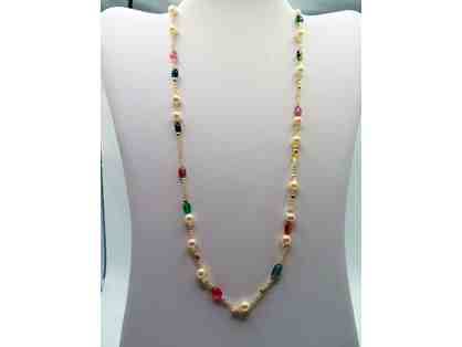 Necklace with White Pearls and Pink, Green, and Yellow Accents-Lot 107