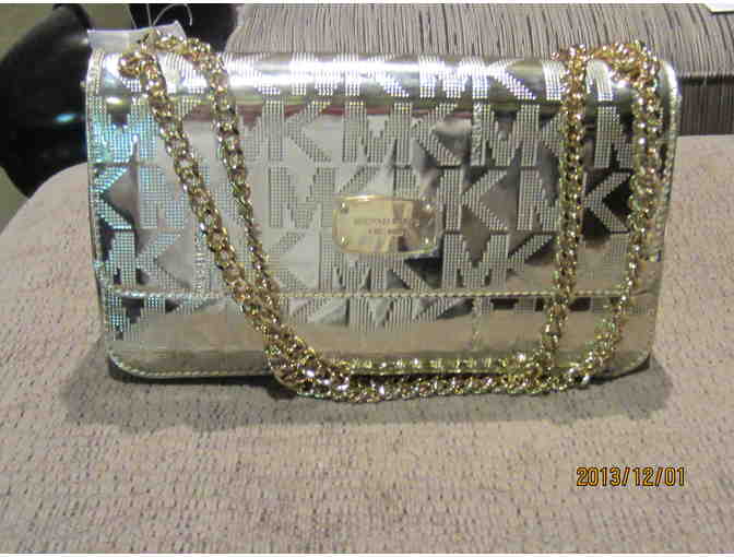 MICHAEL KORS JET SET SIGNATURE METALLIC GOLD CHAIN HANDBAG NWT