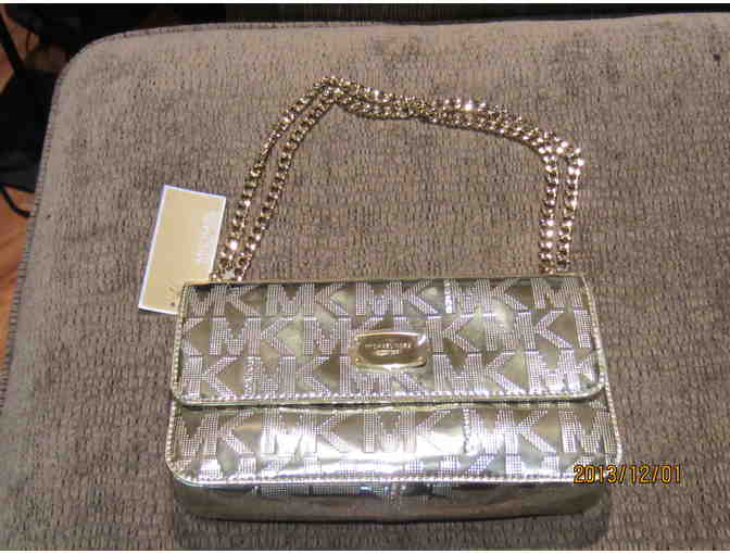 MICHAEL KORS JET SET SIGNATURE METALLIC GOLD CHAIN HANDBAG NWT