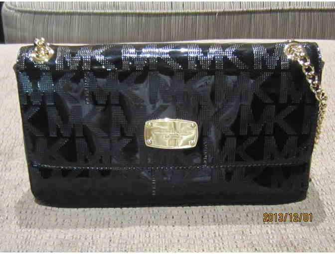 MICHAEL KORS JET SET SIGNATURE MIRROR METALLIC BLACK HANDBAG NWT