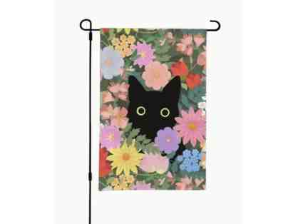 Black Cat in the Flowers Garden Flag