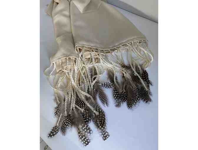 White Wool Scarf with Beautiful Feather Fringe