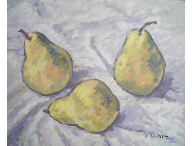 3 pears on table cloth  oil on board