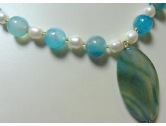 Necklace and Earrings Set of Blue Lace Agate and Pearls