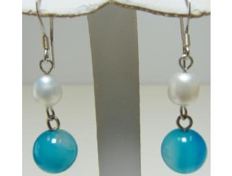 Necklace and Earrings Set of Blue Lace Agate and Pearls