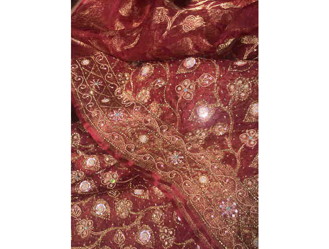 Rare, Traditional Handmade Bengali Sari - Deep Red, Gold and Multi-colored Spangles