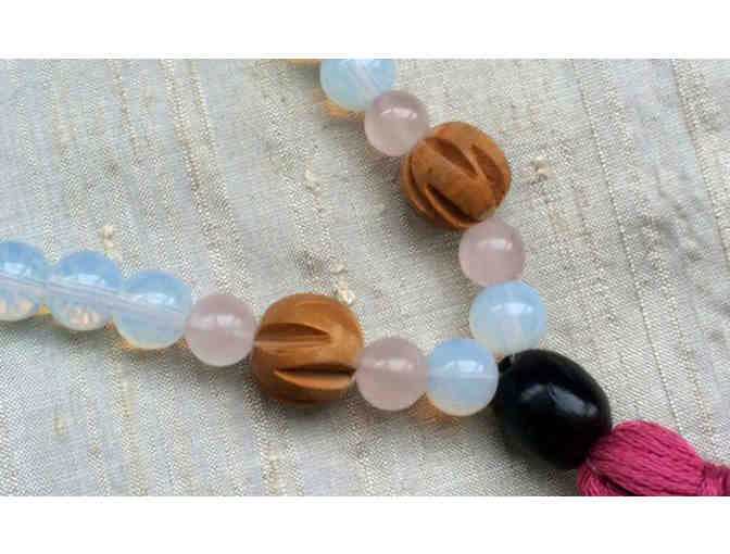 Opalite & Rose Quartz Wrist Mala with Babaji's Carved Sandalwood and Lotus Beads