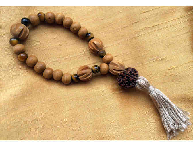 Tigers Eye & Sandalwood Wrist Mala with Babaji's Carved Sandalwood & Rudraksha Beads