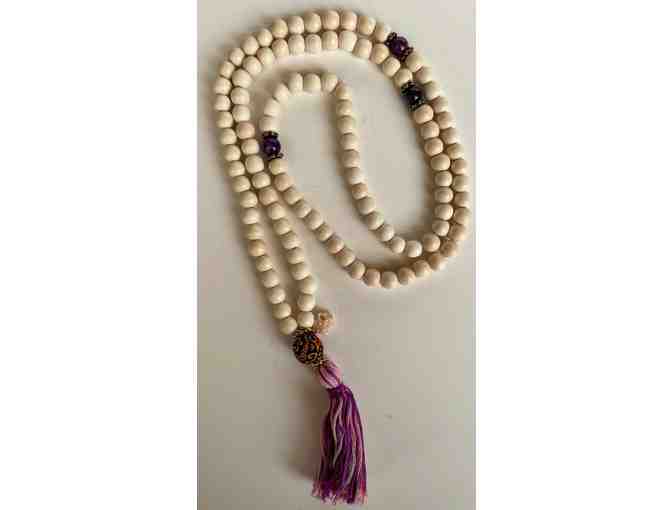 Amethyst and Wood Bead Mala with lovely Guru bead on Elastic for a Bracelet or Necklace