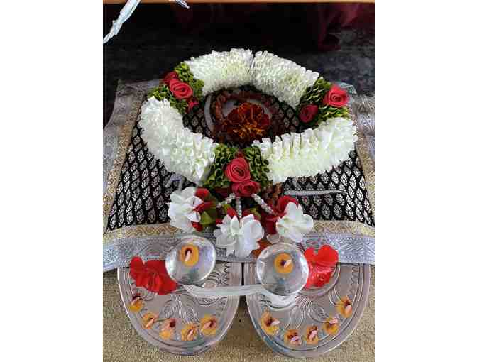 Babaji's Paduka's Silver and Black Om Namah Shivaya Cloth, Garland, and Rudraksha Mala
