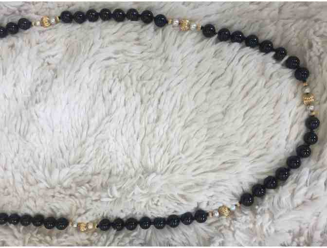 Gold, Onyx and Pearl Chanel Style Necklace
