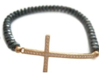 Unique Hematite Stretch bracelet with 18K Gold Plated cross