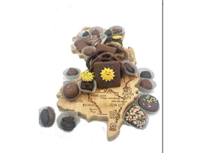 NJ Shaped Wood Cutting Board With Chocolate Assortment