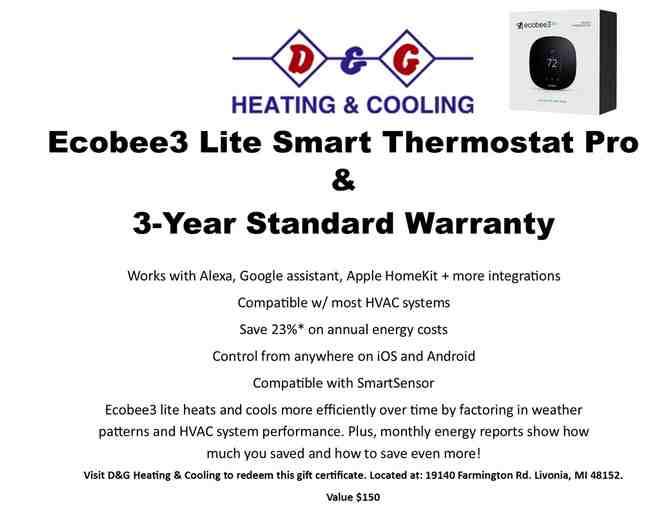 Ecobee3 Lite Smart Thermostat Pro Gift Certificate with 3-Year Standard Warranty