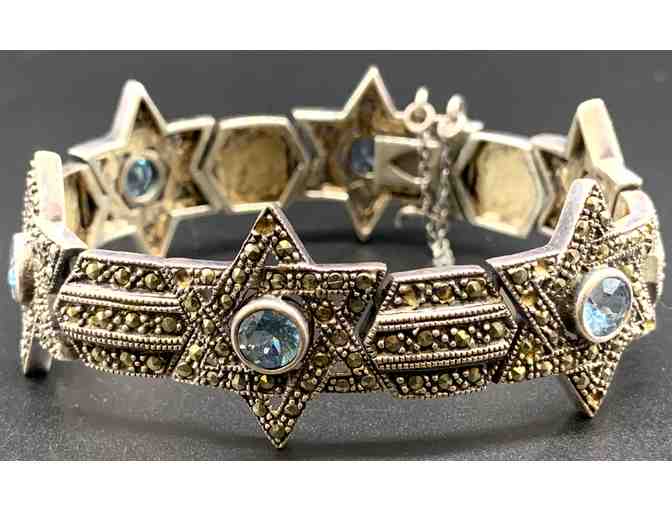 Sterling Silver Star of David Bracelet with Marcasite and Blue Aquamarine Stones