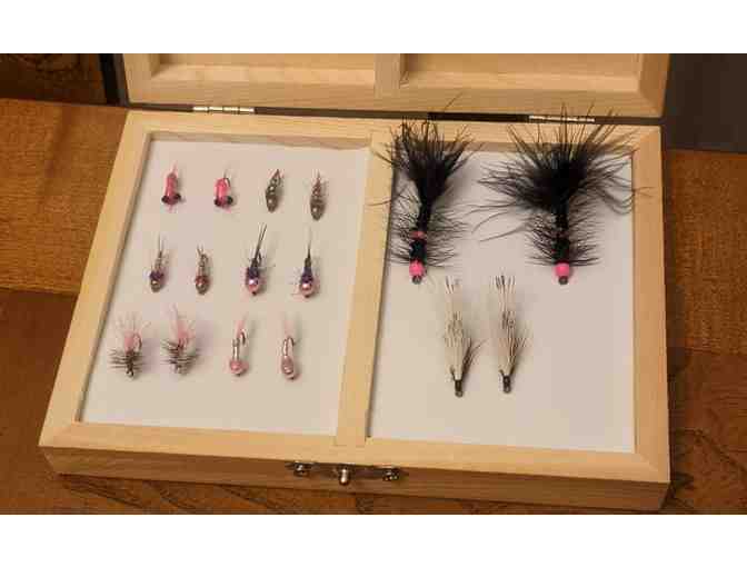 Assortment of Pink Hand Tied Flies & Custom Wood Fishing Fly Box (1 box only)