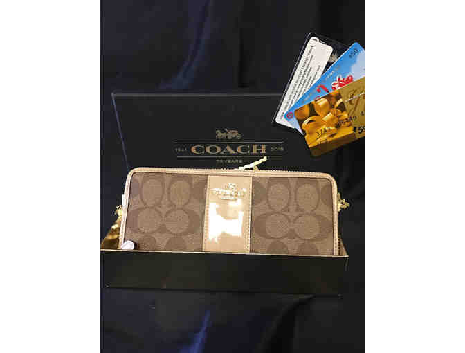 Coach Khaki Platinum Wallet with American Express and Visa Gift Cards