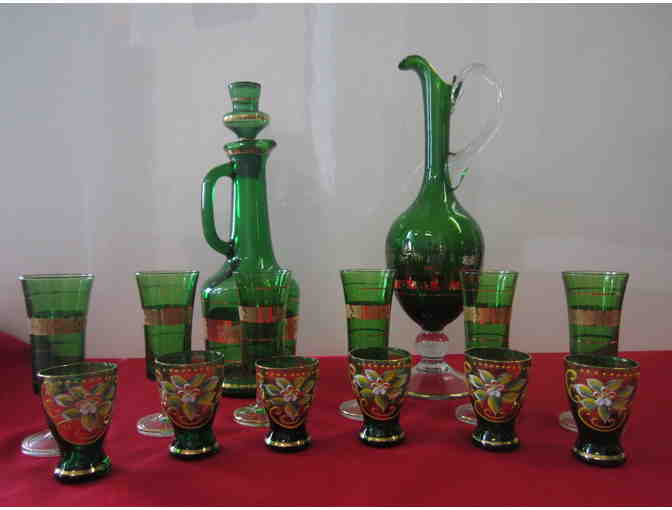 Vintage Green Glass Decanter, Pitcher, Six Shot Glasses and Six Cordial Glasses