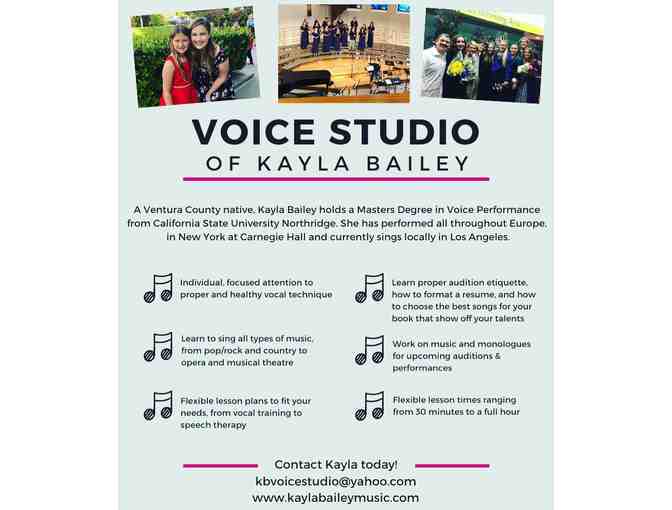 Voice Studio of Kayla Bailey - 1 (One) Vocal Evaluation + 2 (Two) 30 minute Voice Lessons