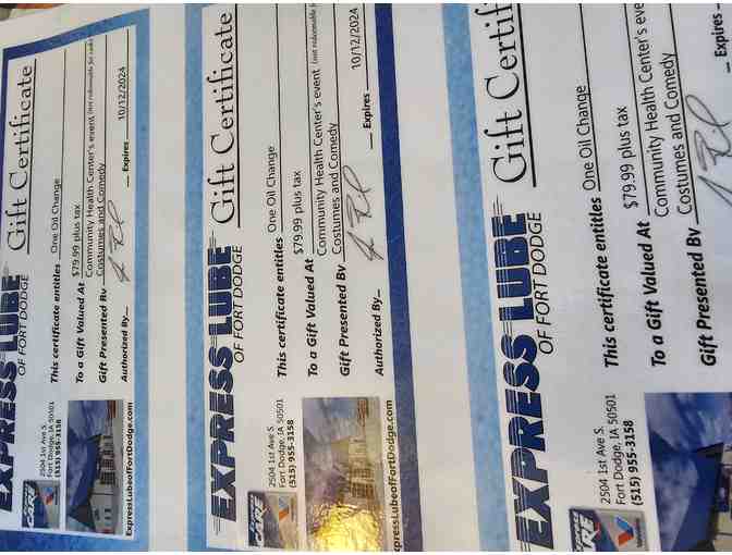 3 Oil Change Certificates at Kemna Express Lube of Fort Dodge