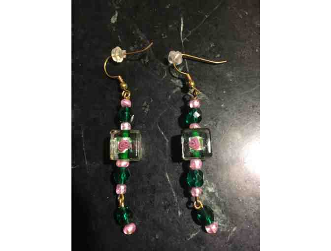 One-of-a-Kind Hand-Blown Czechoslovakian Pink Rose Glass w/Pink & Green Bead Earrings